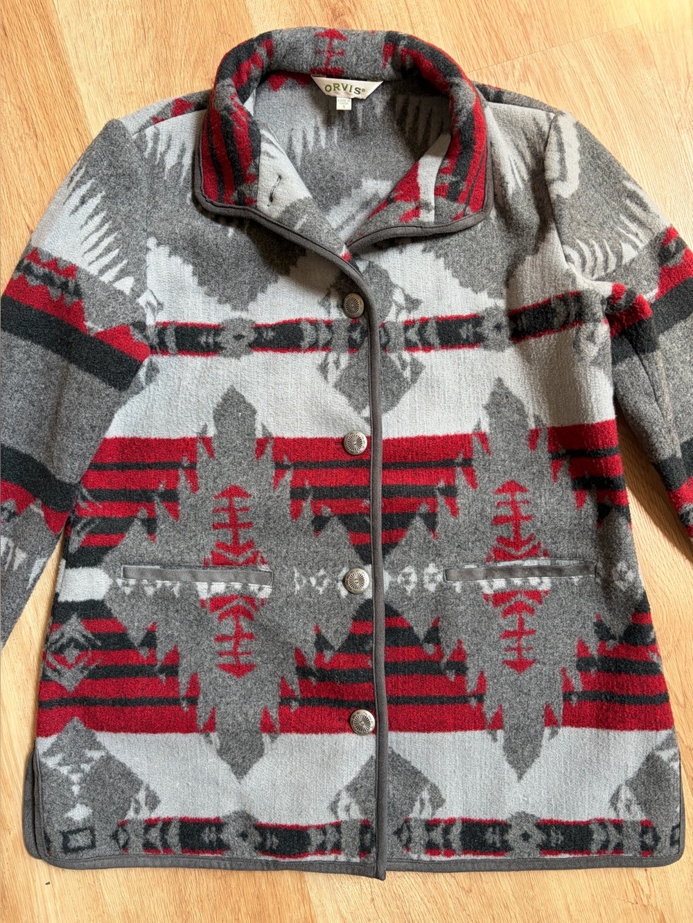 Vintage Orvis Jacket Southwestern Aztec Fleece Silver Buttons Gray Red Small